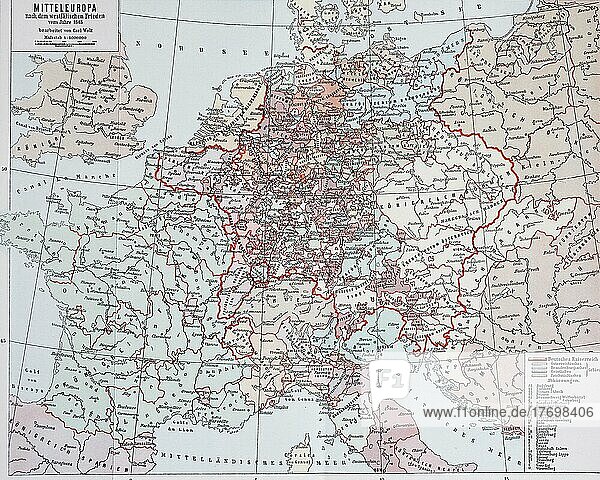 Landkarte von Mitteleuropa nach dem westfälischen Frieden vom Jahre 1648  Historisch  digital restaurierte Reproduktion von einer Vorlage aus dem 19. Jahrhundert  genaues Datum unbekannt