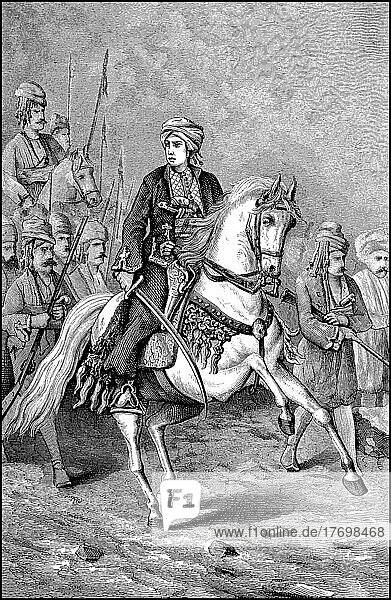 Kurdische Amazone  mit Säbel auf einem Pferd  Fraün im 19. Jahrhundert  Historisch  digital restaurierte Reproduktion einer Originalvorlage aus dem 19. Jahrhundert  genaues Originaldatum nicht bekannt