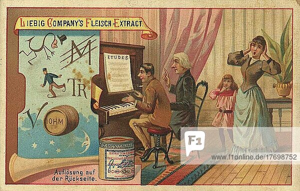 Bilderserie Rätsel  Buchstabenrätsel  der Schüler beim Klavierlehrer spielt schlecht  die Frau hält sich die Ohren zu  digital restaurierte Reproduktion eines Sammelbildes von ca 1900
