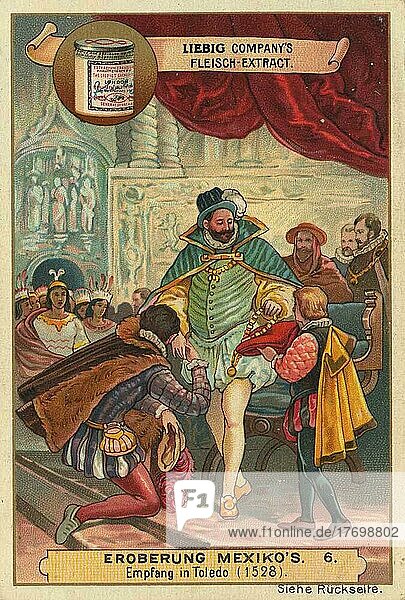 Picture series Conquest of Mexico  reception of Cortez after his return in Toledo  Spain  1528  Historical  digitally restored reproduction of a Liebig collector's picture from the 19th century  exact date unknown  Europe