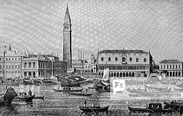 Markusplatz und Campanile  Venedig im 18. Jahrhundert  Italien  Historisch  digital restaurierte Reproduktion aus dem 19. Jahrhundert  genaues Datum unbekannt  Europa