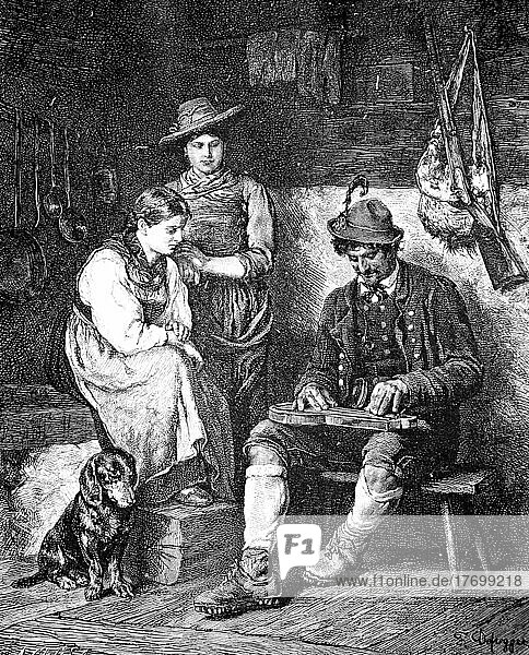Jäger spielt in einer Almhütte für die Fraün auf der Zither  1880  Österreich  Historisch  digital restaurierte Reproduktion einer Vorlage aus dem 19. Jahrhundert  genaues Datum nicht bekannt  Europa
