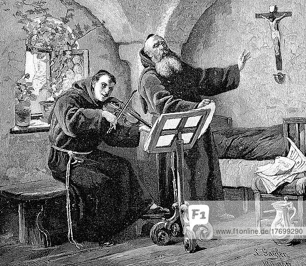 Mönche musizieren in einer Klosterzelle im Kloster im Jahre 1860  Frankreich  digital restaurierte Reproduktion einer Vorlage aus dem 19. Jahrhundert  genaues Datum nicht bekannt  Europa