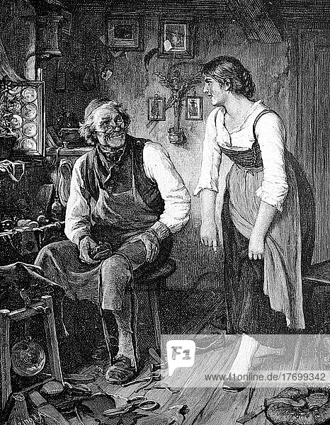 Ein Schuhmacher in seiner Werkstatt repariert den Schuh einer jungen Frau  die bereits auf die Reparatur wartet  um 1870  Schweiz  Historisch  digital restaurierte Reproduktion einer Vorlage aus dem 19. Jahrhundert  Europa
