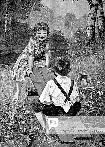 Kinder spielen mit einer Wippe auf der Wiese und haben Spaß  draußen  um 1870  Deutschland  Historisch  digital restaurierte Reproduktion einer Vorlage aus dem 19. Jahrhundert  Europa