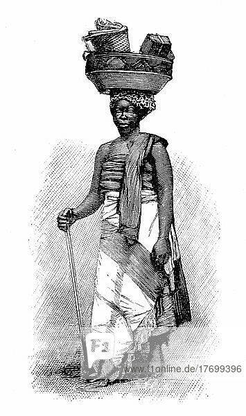 Händlerin  Frau aus dem Französisch Dahomey  Benin  im Jahre 1880  Historisch  digital restaurierte Reproduktion einer Vorlage aus dem 19. Jahrhundert  genaues Datum unbekannt  Afrika