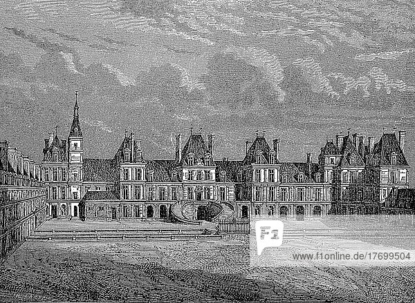 Schloss Fontainebleau in Fontainebleau  Departement Seine-et-Marne  ist ein französisches Schloss rund 60 km südlich von Paris  das zeitweilig unter anderem von Kaiser Napoleon Bonaparte genutzt wurde  Historisch  digital restaurierte Reproduktion einer Vorlage aus dem 19. Jahrhundert