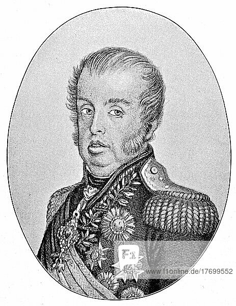 John VI Joao VI 13 May 1767  10 March 1826  nicknamed Clemens  was King of the United Kingdom of Portugal  Brazil and the Algarves from 1816 to 1825  Historical  digitally restored reproduction of a 19th century original  exact date unknown