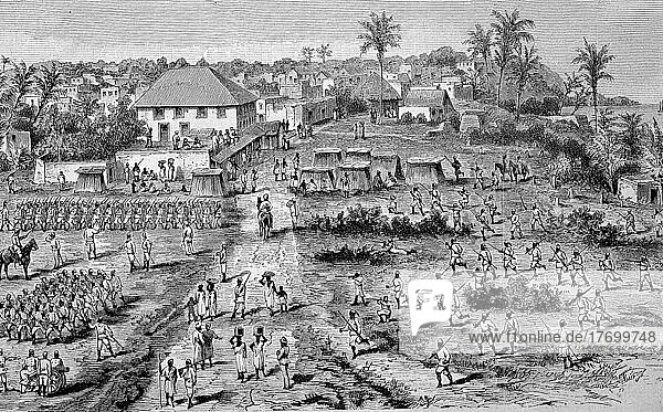 Ansicht von Bagamoyo  die erste Hauptstadt von Tansania  zwischen 1886-1891  digital restaurierte Reproduktion einer Vorlage aus dem 19. Jahrhundert  genaues Datum nicht bekannt