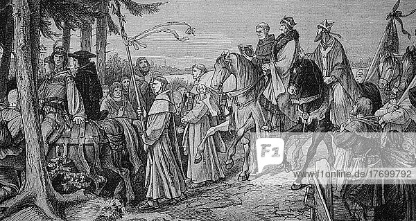 Rudolf II  1552 -1612  römisch-deutschen Kaiser  auf dem Weg nach Speyer  Historisch  digital restaurierte Reproduktion einer Vorlage aus dem 19. Jahrhundert  genaues Datum unbekannt