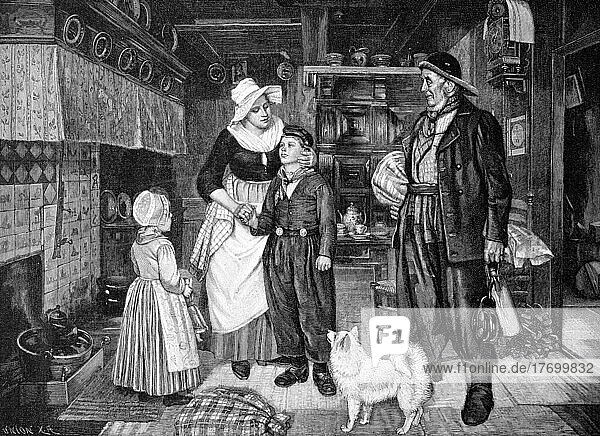 Junger Seemann vor der ersten Ausfahrt  Abschied von seiner Familie  Deutschland  1870  Historisch  digital restaurierte Reproduktion einer Vorlage aus dem 19. Jahrhundert  Europa