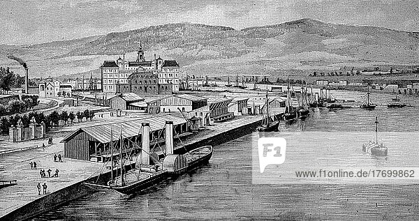 Der Mainzer Hafen im Jahre 1875  Mainz  Deutschland  digital restaurierte Reproduktion einer Vorlage aus dem 19. Jahrhundert  genaues Datum nicht bekannt  Europa