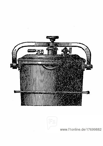 Verschluß-Dampfkochtopf  historische Küchengeräte  Betty Gleims Kochbuch  1847  Historisch  digital restaurierte Reproduktion einer Vorlage aus dem 19. Jahrhundert