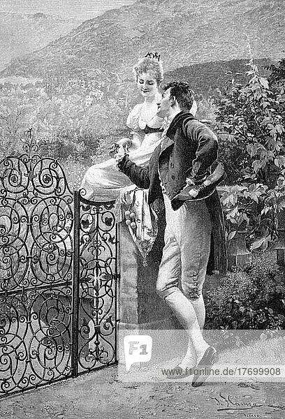 Junges Paar flirtet am Gartenzaun  1870  Frankreich  Historisch  digital restaurierte Reproduktion einer Vorlage aus dem 19. Jahrhundert  Europa