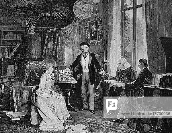 Richard Wagner und Cosima Wagner zusammen mit Liszt und Hans von Wolzogen in ihrem Haus  der Villa Wahnfried  Bayreuth  Bayern  Deutschland  Historisch  digital restaurierte Reproduktion von einer Vorlage aus dem 19. Jahrhundert  Europa