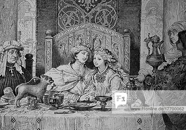 Bridal feast with a noble family in the Middle Ages  Historical  digitally restored reproduction from a 19th century original
