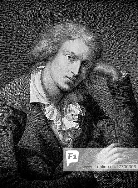 Johann Christoph Friedrich von Schiller  10. November 1759  9. Mai 1805  war ein deutscher Dichter  Philosoph  Arzt  Historiker und Dramatiker  Historisch  digital restaurierte Reproduktion einer Vorlage aus dem 19. Jahrhundert