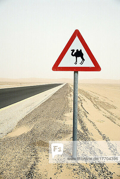 Vorsicht vor Kamelen Straßenschild neben einer Wüstenstraße