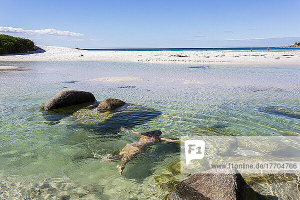 Eine junge Frau schwimmt am Strand der Feuerbucht; Tasmanien  Australien