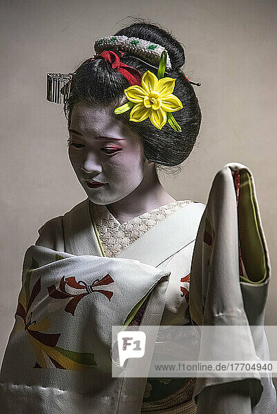 Portrait of a Maiko  an apprentice geisha in Kyoto and Western Japan. Their jobs consist of performing songs  dances  and playing the shamisen or other traditional Japanese instruments for visitors during banquets and parties  Maiko are usually aged between 17 to 20 years old  and graduate to geisha status after a period of training. This apprenticeship usually ranges from a period of a few months to a year or two years  though apprentices too old to dress as maiko may instead skip to the stage of geisha  despite still being in training; Kyoto  Japan