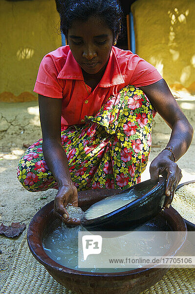 Eine junge Frau wäscht eine Schüssel; Ulpotha  Embogama  Sri Lanka
