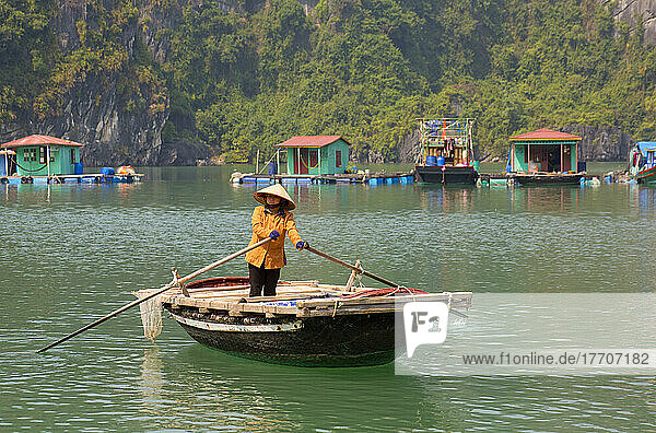 Woman rowing boat near Vung Vieng Fishing Village in Bai Tu Long Bay  Vietnam; Vung Vieng  Bai Tu Long Bay  Vietnam
