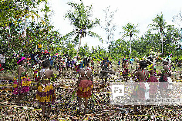 Dorfbewohner bei der Aufführung eines traditionellen melanesischen Stammestanzes im Dorf Mendam  Sepik River Delta  Papua-Neuguinea; Dorf Mendem  Provinz East Sepik  Papua-Neuguinea