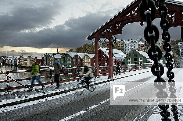 Winter Snow On The Old Town Bridge Over The River Nidelva; Trondheim  Norway
