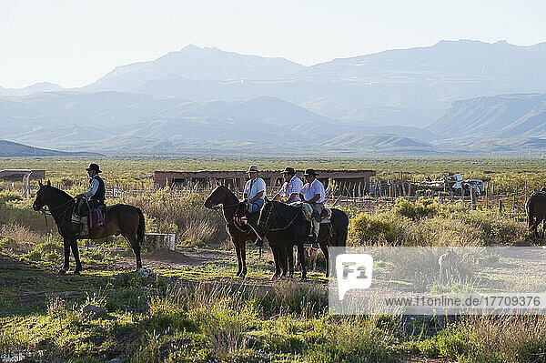 Horseback Riding In A Rural Area With Mountains In The Distance; Malargue  Argentina