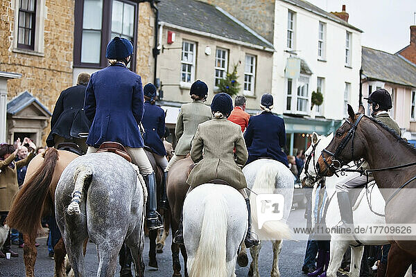 Traditional Boxing Day Hunt At The Blackmore And Sparkford Vale Hunt In Centre Of Castle Cary; Somerset  England