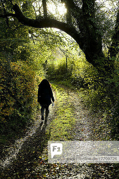 Frau beim Wandern auf einem Pfad im Dorf Huntsham; Devon  England