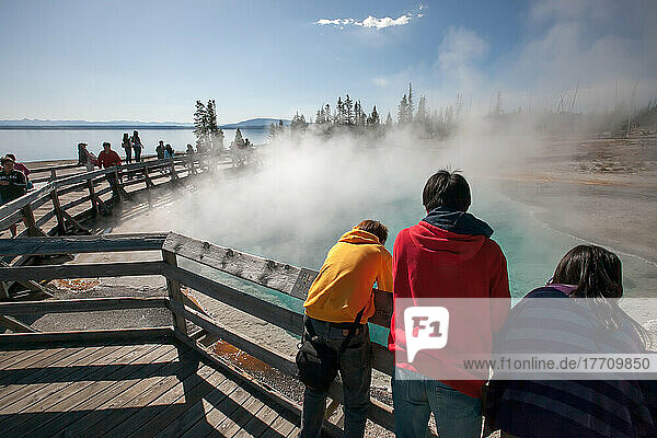 Tourists lean over a railing to observe geothermal features in a geyser basin.; Yellowstone National Park  Wyoming