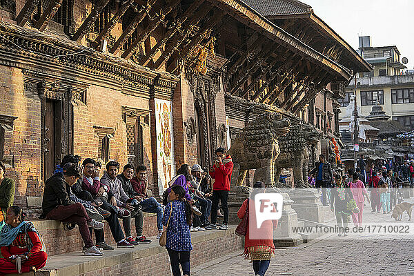 Patan Durbar Square in the old city of Patan or Lalitpur  built by the Newari Hindu Mallas between the 16th and 18th centuries  Kathmandu Valley  Nepal; Patan  Bagmati Province  Nepal