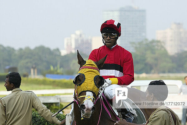 Ein Jockey auf einem Pferd auf der Rennbahn von Kalkutta während des St. Leger-Meetings im März; Kalkutta  Bundesstaat Westbengalen  Indien
