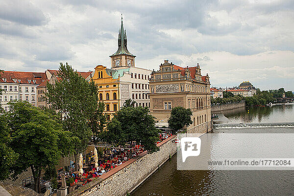 A view of Old Town Prague and the Vltava River from The Charles Bridge.; Old Town  Prague  Czech Republic