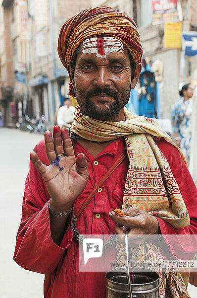 Portrait Of Hindu Guru Asking For Tips On The Street; Kathmandu  Nepal