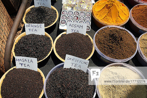 Tea for sale at world famous Anjuna Flea Market  held on Wednesdays on Anjuna Beach  Goa State  India  Asia.
