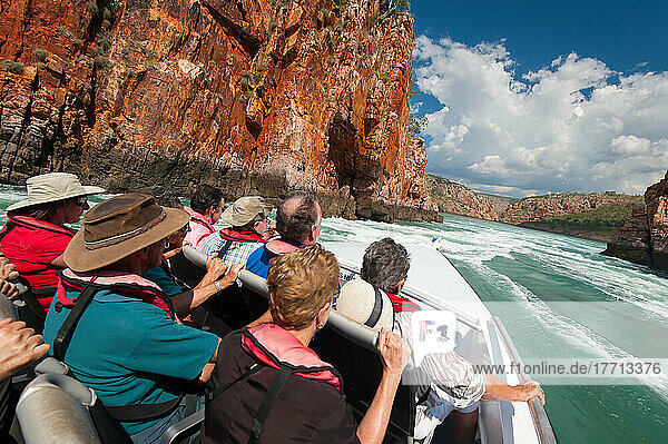 Tourists on a speedboat race across the Horizontal Waterfalls in Talbot Bay  Western Australia.