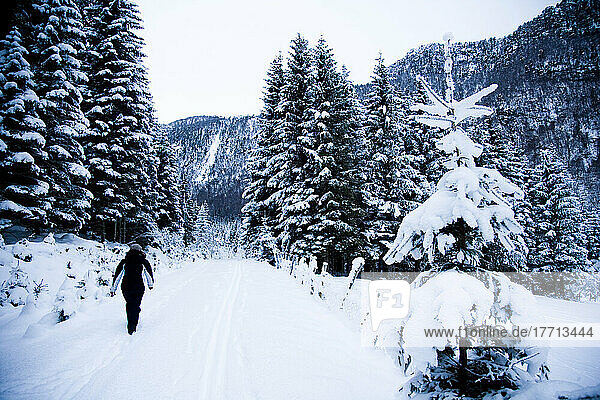 Frau  die auf einem schneebedeckten Weg im Winter durch eine dramatische alpine Winterlandschaft wandert; Ortnevik  Sognefjord  Norwegen