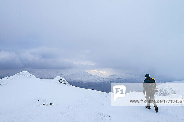 Man Walking On Beinn Dorain In Snowy  Winter Conditions  Near Bridge Of Orchy; Argyll And Bute  Scotland