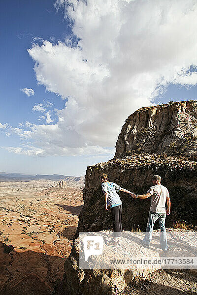 Tourists Trekking In The Amazing Mountain Scenery On The Gheralta Plateau; Tigray Region  Ethiopia