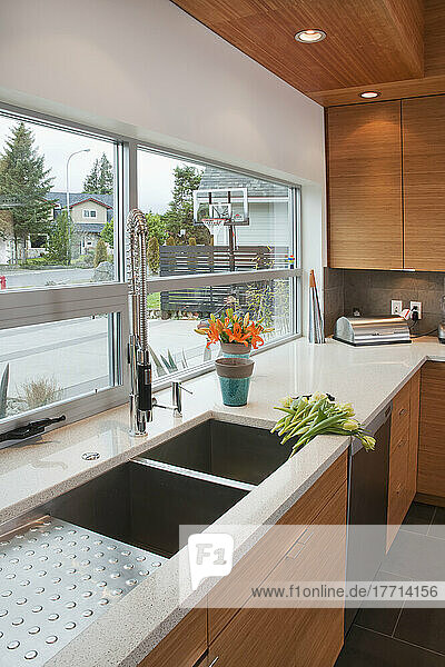 Arbeitsplatte und Fenster einer modernen Küche; Victoria  Vancouver Island  British Columbia  Kanada