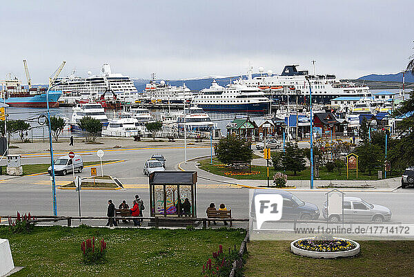 Cruise Ships Docked In Harbor By Tour Offices And Tour Boats; Ushuaia  Tierra Del Fuego  Argentina