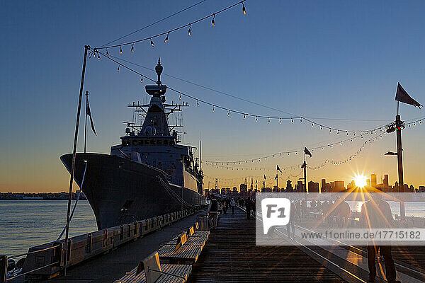 HMNZS Te Mana  an Anzac-class frigate  docked at Lonsdale Quay at sunset; North Vancouver  British Columbia  Canada