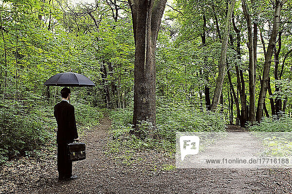 Mann im Anzug  der einen Regenschirm und eine Aktentasche hält  steht an einer Gabelung im Waldweg