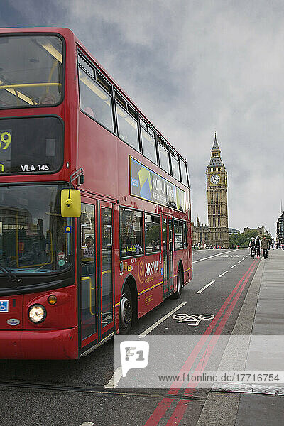 Double-Decker Bus On Westminster Bridge And Big Ben; London  England