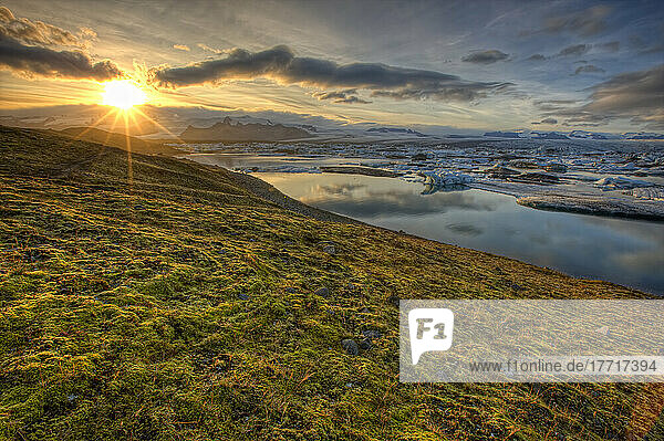 Sunset Over Tundra And The Glacial Lagoon  Near Jokulsarlon  Southern Iceland
