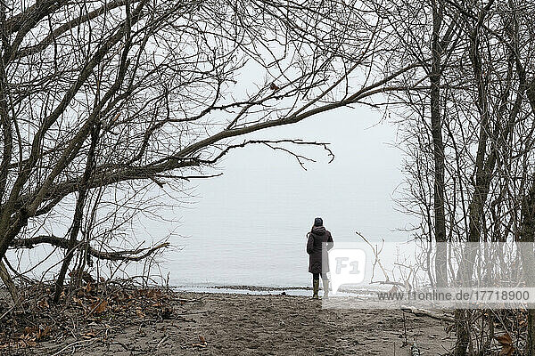 Woman standing on the shore of a lake looking out over it; London  Ontario  Canada