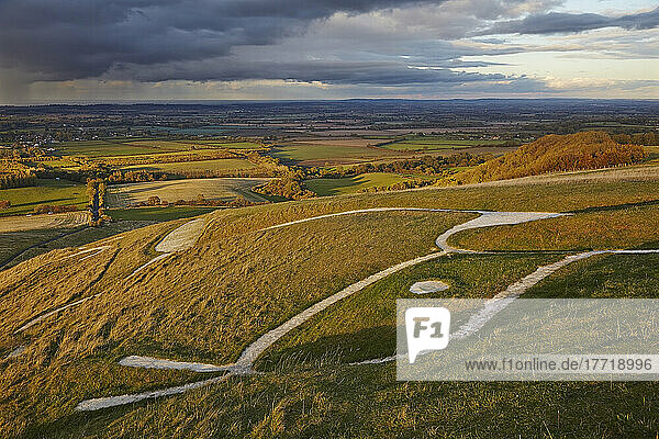 Blick auf das Uffington White Horse und eine weite Landschaft am Horizont  nahe Wantage  Oxfordshire  Großbritannien; Oxfordshire  England