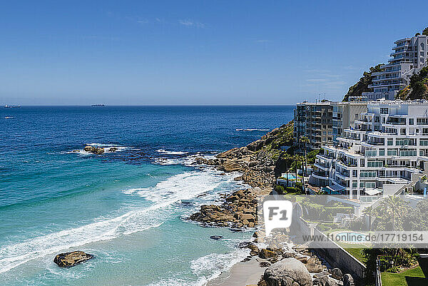 Beachfront buildings along the Atlantic Ocean at Clifton Beach; Cape Town  Western Cape  South Africa